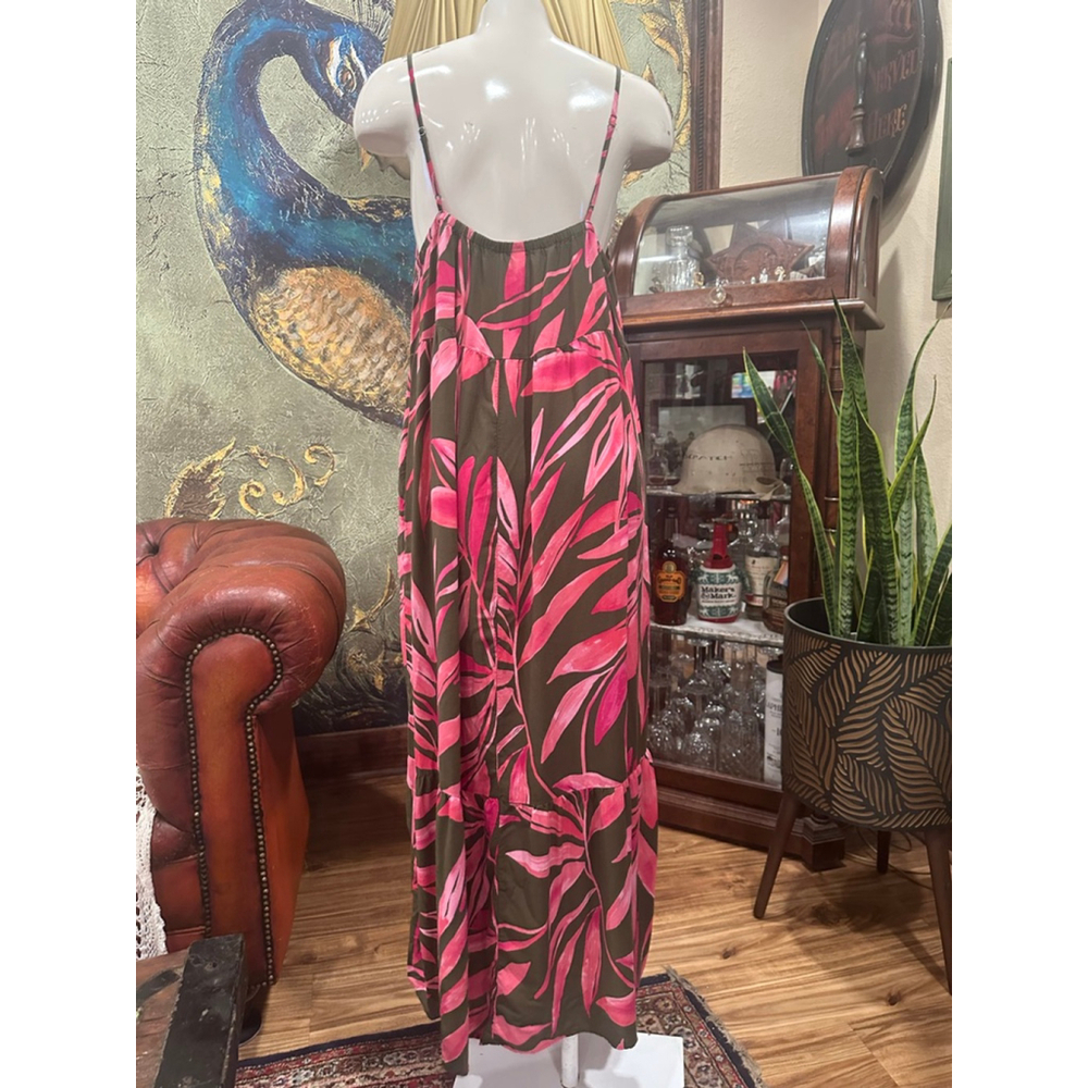 Time and Tru Tropical Maxi Dress Large Olive Pink Palm Leaf - Picture 5 of 8